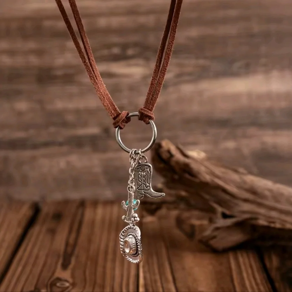 ​Brown Suede Western Choker Necklace Silver Cowboy Boot Hat & Cactus Charms